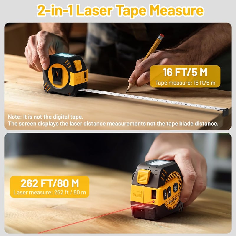 SAVSEC 262Ft Laser Tape Measure, 2 in 1 Laser Measuring Tool & 16ft Self-Locking Measuring Tape, Digital Laser Distance Meter with Pythagorean, Area, Volume Measure & Ft/Ft+in/in/M Unit(80M) - Image 2
